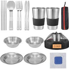 Outdoor Camping Tableware 1 to 2 Person Camping Tableware Including Cups, Bowls, Tableware, Knives, Forks, Spoons etc, Camping Tableware Set with Mesh Bag is Easy to Carry