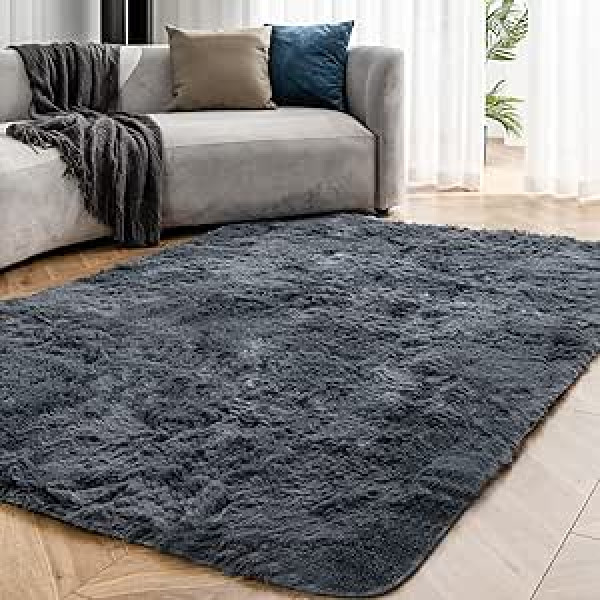 OMERAI Rug Living Room Bedroom Washable Large Super Soft Non-Slip Grey Fluffy High Pile Shaggy Rug (Grey, 120 x 180 cm)