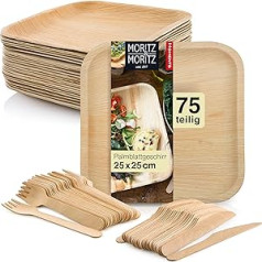 Moritz & Moritz Sustainable Palm Leaf Tableware - 25 Disposable Plates 25 x 25 cm - 25 Wooden Cutlery Disposable - Alternative to Bamboo Plates and Bamboo Tableware 75 Pieces