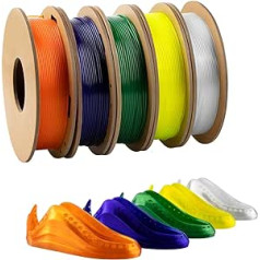 TPU Filament 1.75 mm Bundle, TINMORRY 3D Printer Filament Bundle, 200 g x 5 Spools, Transparent + Transparent Orange + Transparent Yellow + Transparent Violet + Transparent Emerald Green