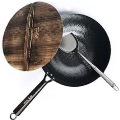 Frying Pan Wok Pan Set Pan Chinese Pan Made of Carbon Steel Electric Hob Induction Cooker Gas Hob Non-Stick Suitable (Lid, Spatula and User Guide Video are Included)