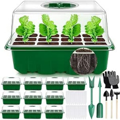 MOYKSRR Indoor Greenhouse Propagator, Pack of 10, 120 Cell Mini Greenhouse Propagation Set with 2 Garden Tools, 3 Scoops, 20 Labels, Propagation Tray with Lid and Ventilation, Balcony Seedling Plant