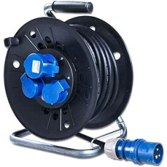 CEE Camping Cable Reel with 25 m Rubber Cable H07RN-F 3G2.5 3 x 2.5 mm 230 V 16 A and CEE Plug with CEE Socket + 2 x Schuko Sockets - IP44 Camping Cable Reel - Accessories Motorhome Boat Caravan