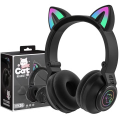 YUSONIC STN26 Children's Bluetooth Headphones, Over-Ear Cat Ears Headphones with LED Light, Microphone, Micro SD/TF for Mobile Phone/Tablet/PC (Black), STN26, Big Size