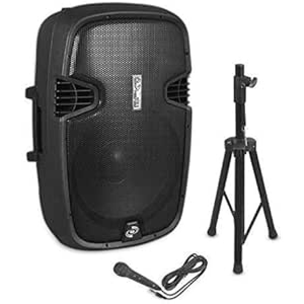 Pyle Active PA Speaker with Foot, Microphone and Bluetooth Function - 38 cm Subwoofer with USB Port, SD Card and FM Radio - Portable Amplifier for DJ, Concerts, Karaoke (EUPPHP155ST)