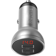 Auto lādētājs 2x USB 4.8A 24W ar LCD displeju, sudraba
