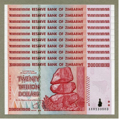 Zimbabwe 20 Trillion Dollars x 10 pcs AA 2008 P89 Consecutive UNC Currency bills