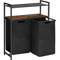 HOOBRO Laundry Basket 2 Compartments Laundry Basket with 2 Shelves Laundry Trolley 2 x 49.5L Adjustable Feet Bathroom Laundry Room Vintage Brown Black EBF73XY01