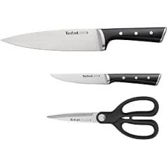 Tefal K232S355 Ice Force 3-Piece Knife Set, Chef's Knife, Utility Knife, Kitchen Scissors, German Stainless Steel Blade, Long-Lasting Cutting Performance and Sharpness, Stainless Steel/Black