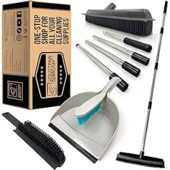 Rubber Broom and Dustpan Set with 4 Sections Stainless Steel Broom Handle and Handle Rubber Brush - The Perfect Rubber Brush for Floors, Pet Hair and Carpet