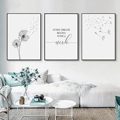 Trayosin Set of 3 Posters for Living Room - Aesthetic Flower Black White Pictures Decoration Bedroom - Dandelion Canvas Stylish Wall Pictures - Without Picture Frame (50 x 70 cm)