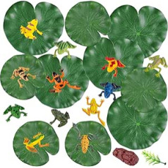 22-teiliges Lilien-Pad und Kunststoff-Frösche-Set, 12 Stück Kunststoff-Frosch-Figuren, Modell, bunter Frosch, 10 Stück künstliche Lotusblätter, schwimmende Lotusblätter für Teich, Basteln, Dekoration