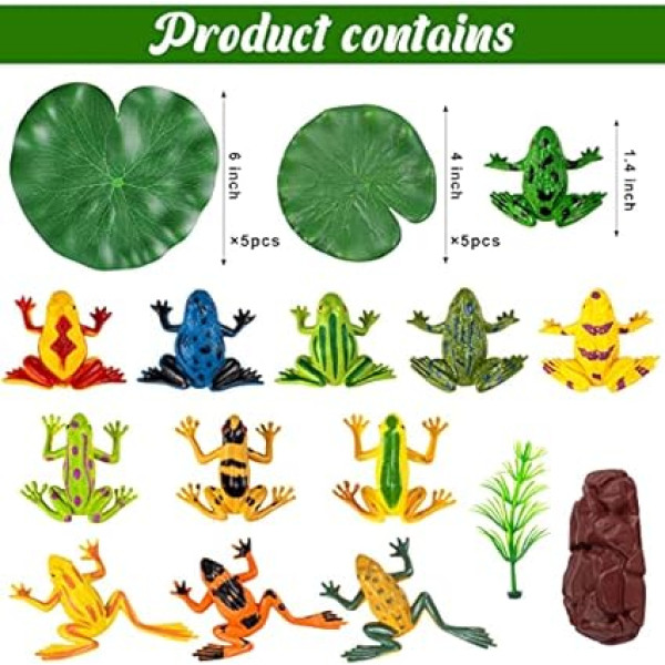 22-teiliges Lilien-Pad und Kunststoff-Frösche-Set, 12 Stück Kunststoff-Frosch-Figuren, Modell, bunter Frosch, 10 Stück künstliche Lotusblätter, schwimmende Lotusblätter für Teich, Basteln, Dekoration