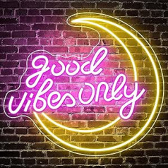 LightingWill Good Vibes Only Neonschild, Mond-Neonlicht, Stromversorgung über USB mit Schalter, LED-Neonlicht-Schilder für Schlafzimmer, Wanddekoration, Spielzimmer, Party, Bar-Dekor, Rosa/Gelb, 36,8