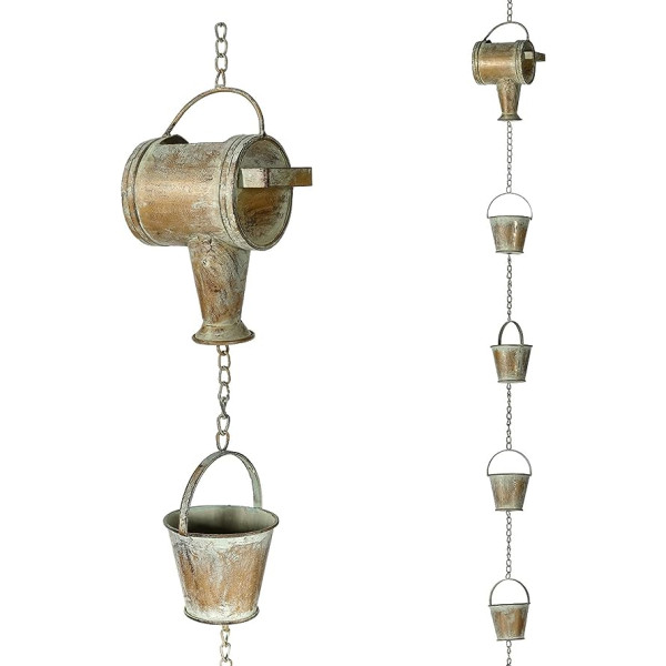 Jemeni 2.5m Iron Watering Can and Buckers Rain Chain Replacement Downpipe for Outdoor Gutter