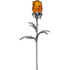 AMBEDORA Eternal Rose 925 Silver Oxidized Baltic Amber Hand Carved Silver Rose with Amber Head in Cognac Colour 7 cm 4.5 g Ready Gift Set
