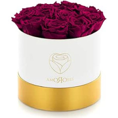 Amoroses Limited Edition - Geschenkbox mit 12 stabilisierten ewigen Rosen - Eleganter Blumenstrauß aus echten Blumen (Weiße Schachtel mit Rubinroten Rosen)
