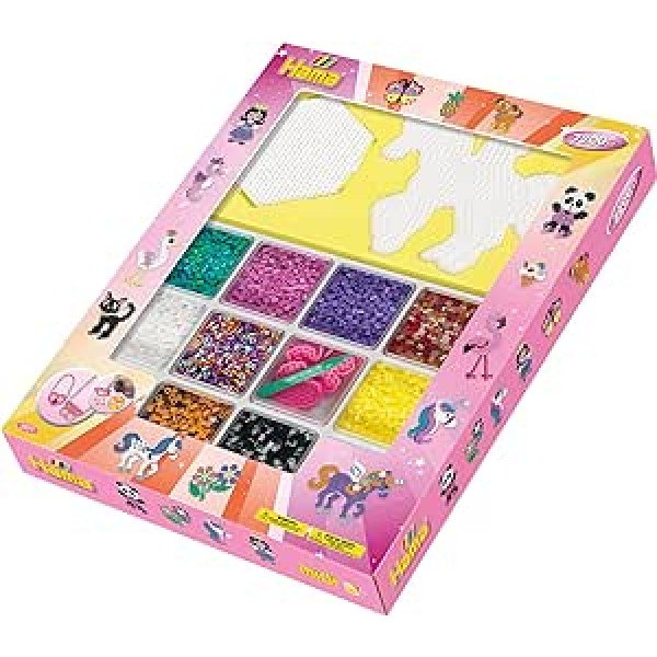 Hama Perlen 3071 Gift Set with Box of Approx. 7,200 Colourful Midi Iron-On Beads with Diameter 5 mm, Motif Template and 2 Pin Plates, Includes Ironing Paper, Creative Craft Fun for Young and Old