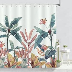 Bonhause Shower Curtain Tropical Leaves Green Banana Leaves Shower Curtains 180 x 180 cm Anti-Mould Waterproof Polyester Fabric Washable Bathroom Curtain for Bathroom with 12 Hooks