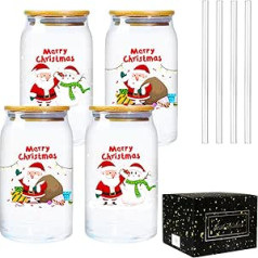 TPQKA Christmas Glass Cups with Lids and Straws, 16 Ounce Iced Coffee Cup, Drinking Glasses, Beer Glasses, Cute Mugs, Glass Cups for Cocktail, Party Favors, Yogurt, Juice, Pack of 4