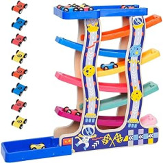 Arkyomi Wooden Marble Run from 1 Year, Car Marble Run with 8 Vehicles, Car Racing Track Wooden Toy Racing Track Wooden Children's Toy from 2 3 4 Years Boys Girls