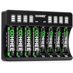 OOHHEE Battery Charger with AA Battery 4 Pieces & AAA Battery 4 Pieces 8 Charging Space Large LCD Screen Battery Charger for Mignon AA and Micro AAA, for NI-MH/NI-CD Rechargeable AA/AAA Batteries
