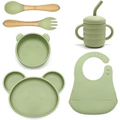 Baby Dinnerware Set with Suction Plate for Babies, 6 Pieces Cutlery Set, Suction Bowl, Cup, Adjustable 6 Position Bibs, Baby Spoon and Fork, Silicone Tableware Set