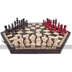 Large 3 Player Chess Set - 54 cm Hexagonal Board with Edge Numbers, Brown, White and Red Pieces