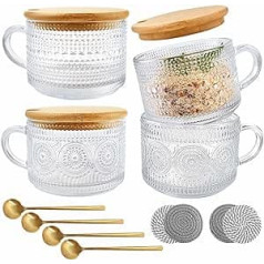 Eidoct Vintage Glass Coffee Mugs, Set of 4, 400ml, Overnight Oats Container with Bamboo Lid, Coaster and Spoon, Glass Coffee Cups with Handle for Cappuccino, Latte, Tea, Gift