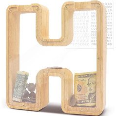 DBPBToU Wooden Money Box Letters, Large Transparent Piggy Bank for Children, 23 x 4 x 23 cm, Large Personalised Money Box, Children's Money Box for Birthday Gift/Home Decoration/Keepsake (H)