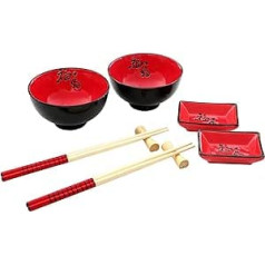8-piece Chinese dining set, 2 red porcelain bowls, 2 red porcelain crockery, 2 bamboo easticks, 2 leftovers