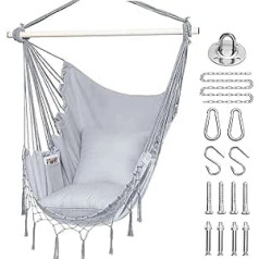 Hanging Hammock Chair with Cushion - Max 150kg with Two Cushions, Hanging Hardware Set, Cotton Rope Rocking Chair for Indoor, Outdoor, Home, Patio, Garden (Grey)