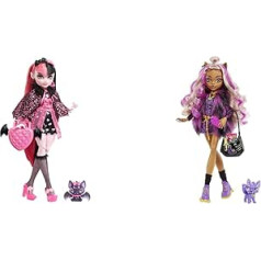 Monster High Mattel Clawdeen Doll with Animal Print Jumper and Scary Beautiful Longsleeve Top & Draculaura Doll - Vamp-tastic Fashion