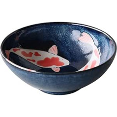 Japanese Mino-Yaki Ceramic Donmantiburi Bowl Extra Large for Ramen Salad Made in Japan 21.5 cm Lucky Charm Red Carp Pattern Black 8018200