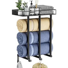 Ovicar Towel Rack for Bathroom - Wall Mounted Towel Rack with Metal Shelf & 3 Hooks, 3 Bars Wall Towel Holder for Small Bathroom, Bath Towel Storage for Rolled Towels