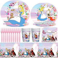 IFHDO Alice in Wonderland Birthday Party Tableware Alice Birthday Decoration Party Supplies Children's Birthday Party Decoration Party Tableware Birthday Paper Cups Napkins Tablecloth for 10 People