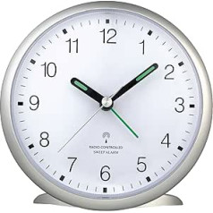 TFA Dostmann 60.1506 Radio-Controlled Alarm Clock, Quiet Sweep Movement, Easy to Read Numbers, with Clock Radio, 5.2 x 11 x 10.7 cm, Silver, Plastic