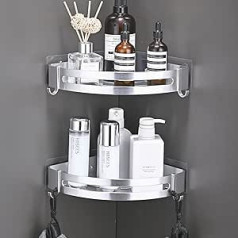 NIENLCIP Corner Shelf Shower Shelf No Drilling Bathroom Corner Shelf Silver Bathroom Shelf 2 Levels Wall Mounted Corner Shower Shelf Space Aluminium Shower Basket with 4 Hooks Bathroom Shelf for