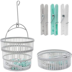 Foldable Clothes Peg Basket for Clothesline with Hanger & 50 Pieces Multicoloured Clothes Pegs for Clothesline Strong and Durable Plastic Clothes Pegs for Heavy Laundry, Grey, White, Grey, white, aqua