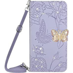 Vqwq Mobile Phone Case for Xiaomi Mi 13 5G - 1.5M Lanyard Glitter Butterfly Protective Case for Xiaomi Mi 13 5G Leather Case Card Slot Flip Flip Case Magnet [HT03]-Purple 2