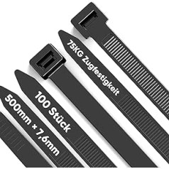 Highwings Pack of 100 Cable Ties, Black, 500 mm x 7.6 mm, 70 kg Tensile Strength, Nylon Cable Ties, Resealable Holder, Strong Self-Locking Cable Ties for Family, Workshop, Garden, Cable Management