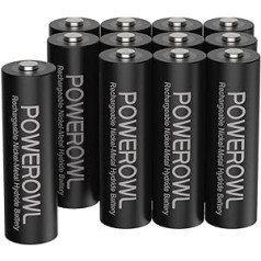 Powerowl AA Battery, 2800 mAh Rechargeable Batteries, AA Pack of 12 (Low Self-Discharge, 1200 Cycles) 1.2 V NI-MH Battery, AA Batteries