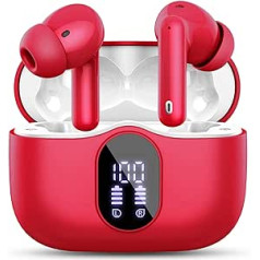 Bluetooth Headphones, Wireless Bluetooth 5.3 Sport In Ear, with 4 Microphones, 40 Hours Playtime, LED Display, ENC Noise Reduction, HiFi Stereo Earphones for Work and Study, Red Earbuds