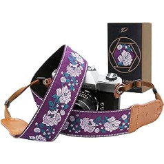 Padwa Lifestyle Camera Strap - 2 Inch Wide Vintage Embroidered Cotton Camera Straps with Cowhide Ends, Can Be Used as Strap for All Cameras, Binoculars Strap and Drone Remote Control Strap - Purple