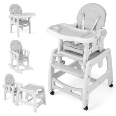 COSTWAY 3 in 1 Baby Chair, High Chair & Dining Chair & Child Seating Set, Convertible Baby High Chair with 5 Point Harness, Removable Tray, Seat Cushion & Backrest, for 6-36 Months, 20 kg Load Capacity (Grey)
