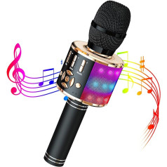 Wowstar Karaoke Microphone Children, Wireless Bluetooth Microphone Karaoke with LED Lights, Portable Home Party Karaoke Dynamic Microphone for iPhone/Android/PC (Black Gold)