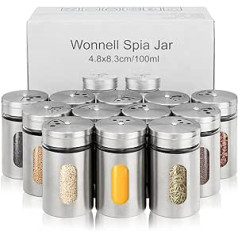 Wonnell Set of 12 Spice Jars with Screw Cap, 100 ml Stainless Steel Spice Jars, Spice Storage, Round Spice Jars, Spice Shaker, Porous Spice Bottle with Screw Cap, Kitchen Spice Jars