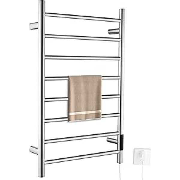 QL Electric Towel Warmer with Timer, Bathroom Radiator, Electric Wall Mounting, Intelligent Adjustable Temperature, 170 W, Stainless Steel, 8 Bar, 800 x 500 mm, Silver