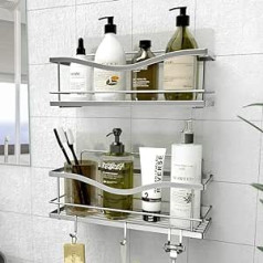 KINCMAX Shower Shelf, No Drilling Required, Made of Stainless Steel, Self-Adhesive Shelf for Bathroom and Kitchen, Shampoo Holder / Shower Basket / Shower Shelf with Hooks, Set of 2