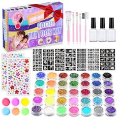 Yueonewin 492 Glitter Tattoo Set Girls Temporary 41 Colours Glitter Powder 215 Rhinestones 204 Stencils 24 Glitter Powder 3 Glue 5 Brushes Waterproof Tattoos for Parties
